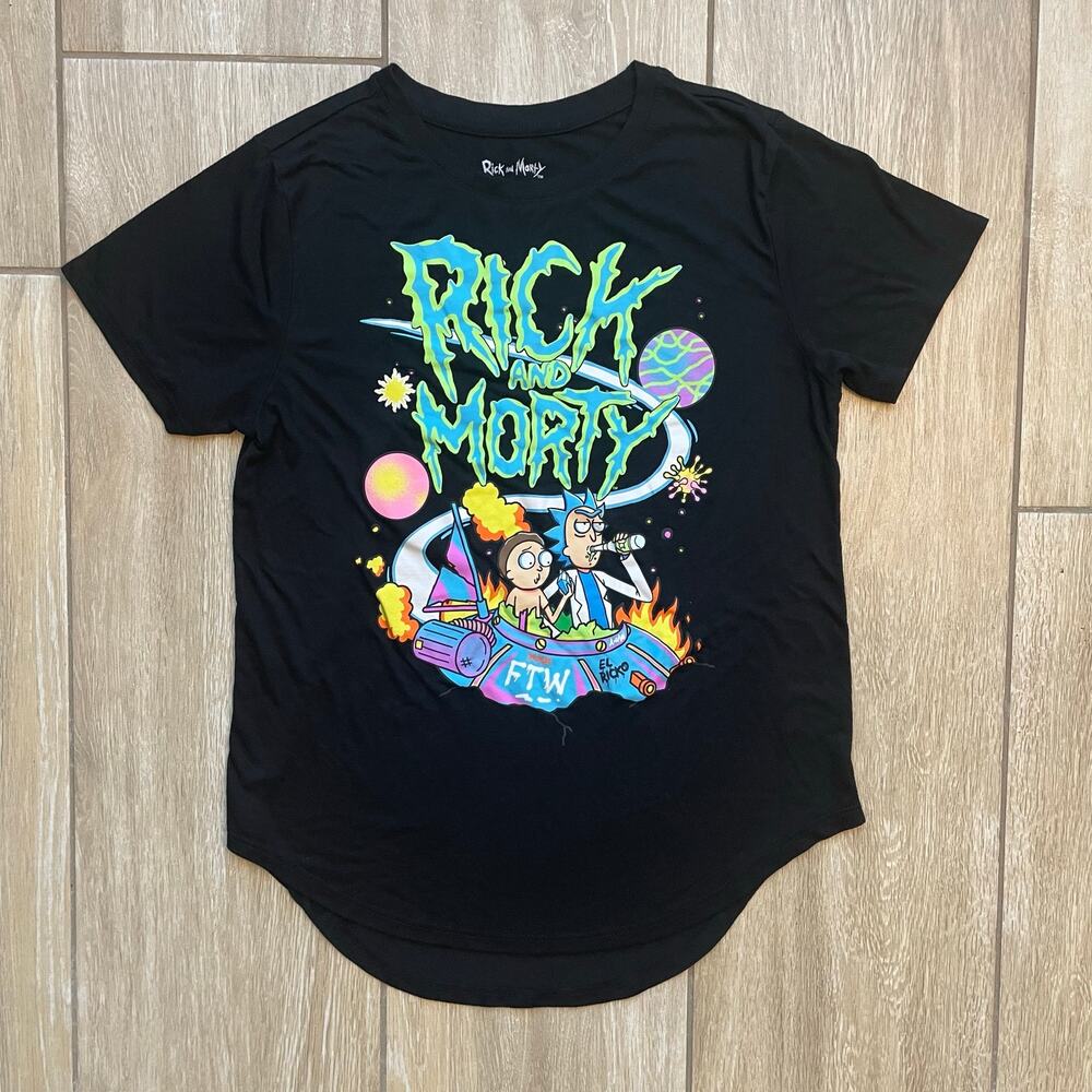Rick and Morty S22 Space Ship Graphic Tee Black High Low Hem Junior Size L 11-13